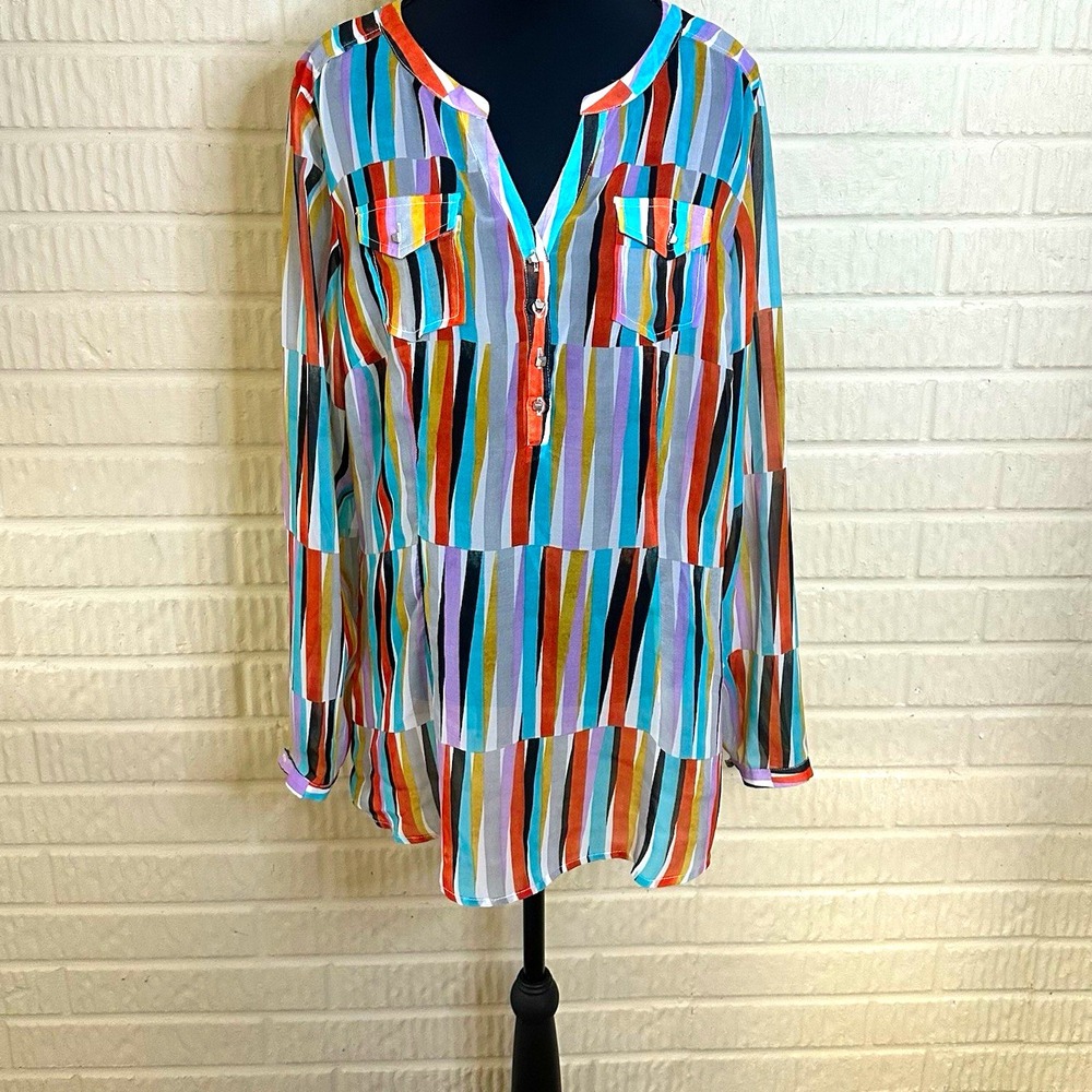 Ariat Willa Multicolor Striped Button Front V-Neck Blouse Sz M Sheer Western